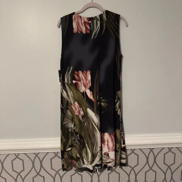NWT Sandra Darren SZ14 Green, Black Pink Floral Beaded Neckline Sleeveless Dress - Picture 3 of 12